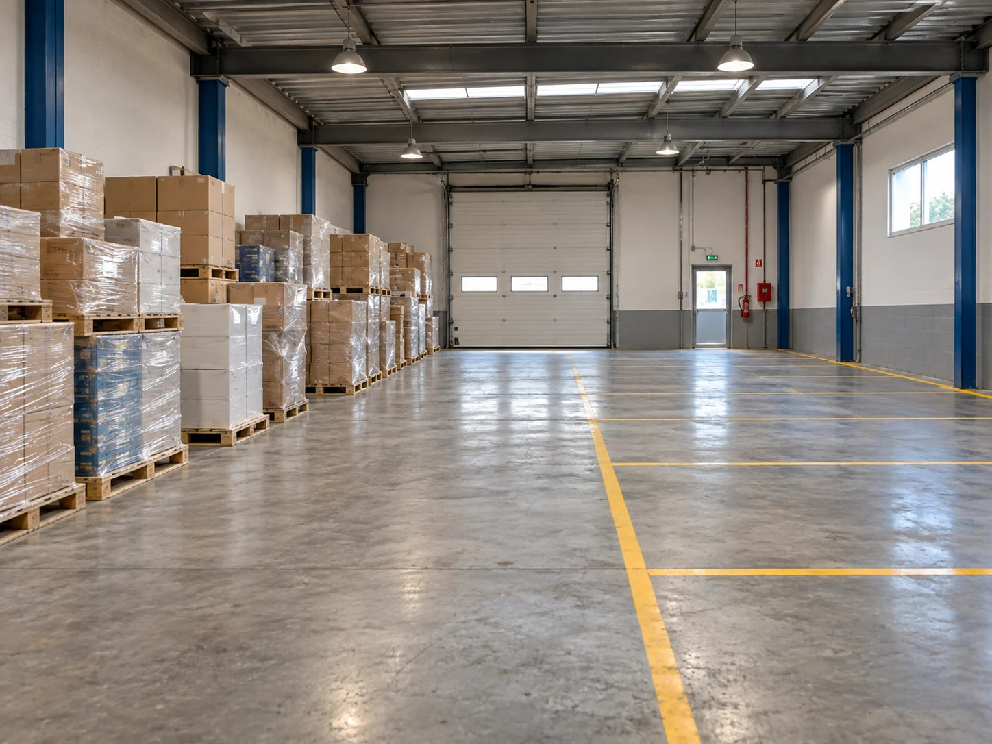 Mercadería embalada y espacios disponibles dentro de un almacén, escena ilustrativa.